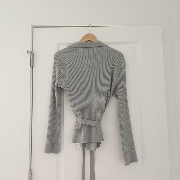 Skin Marilynne Ribbed Cardigan Cotton Cashmere Belted Gray - Picture 7 of 12